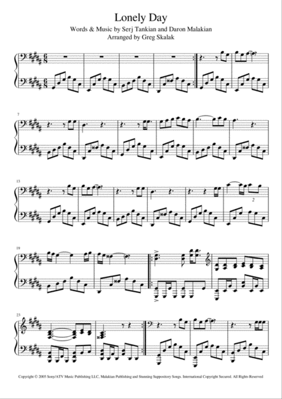 Lonely Day Piano Solo scores gallery preview page 1