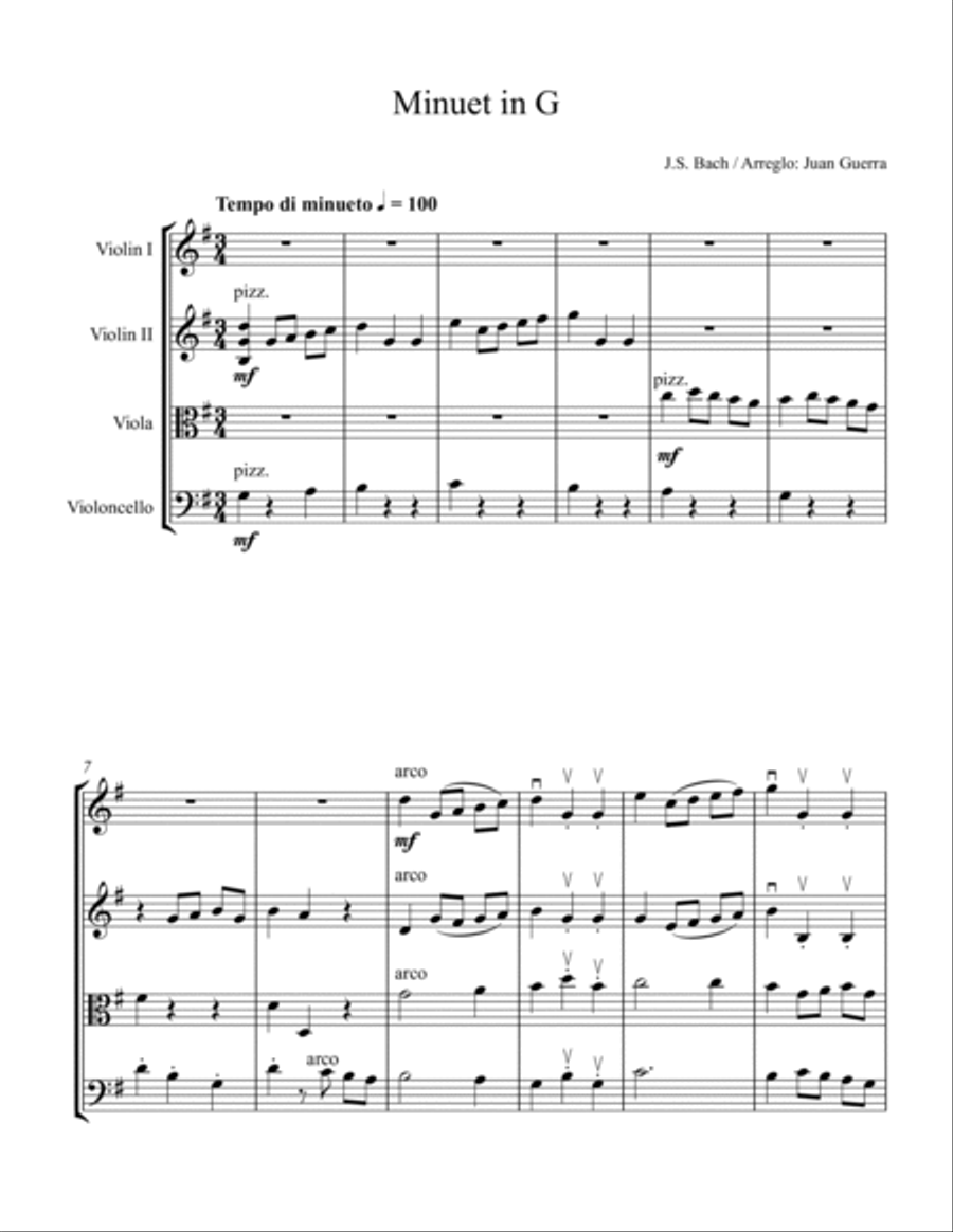 Minuet in G - J.S. Bach (arr. for Strings by Juan Guerra) String Quartet scores gallery preview page 2