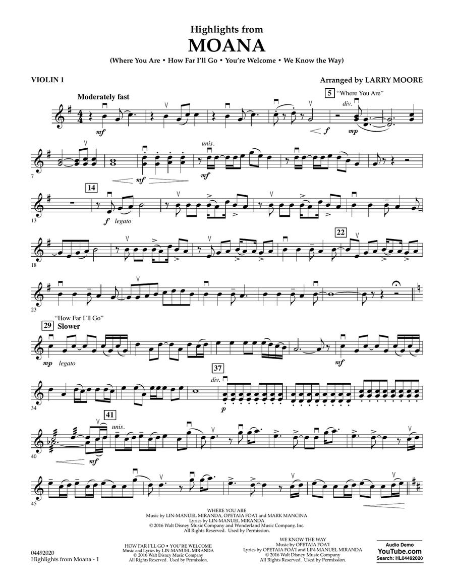 Highlights from Moana - Violin 1 Orchestra scores gallery preview page 1