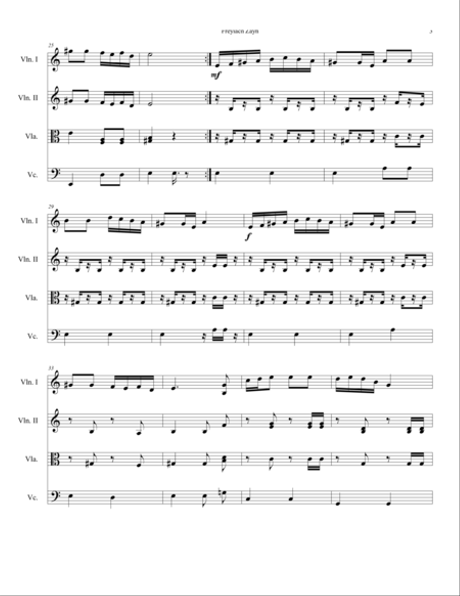 Freylach Zayn, String Quartet arrangement by Harris Shilakowsky String Quartet scores gallery preview page 3