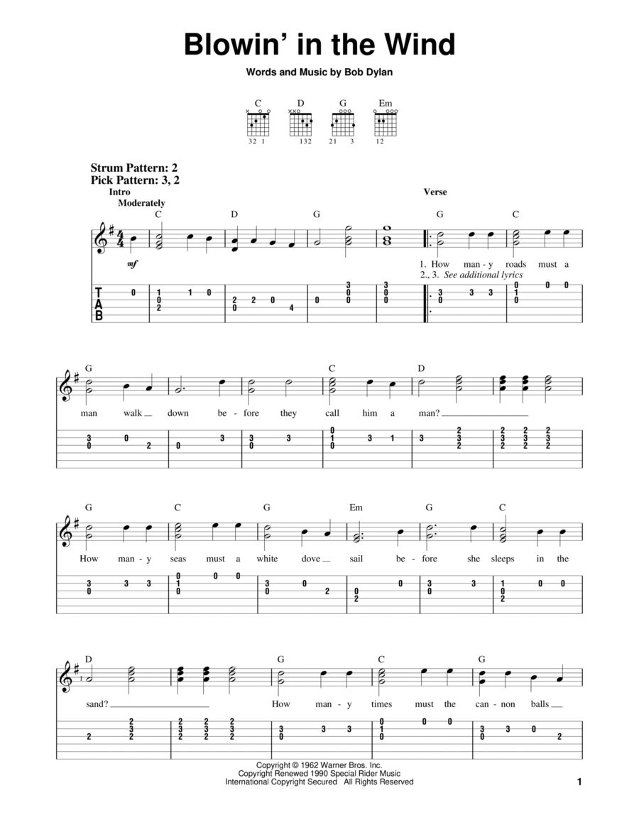Blowin' In The Wind Blowin' In The Wind Acoustic Guitar scores gallery preview page 1