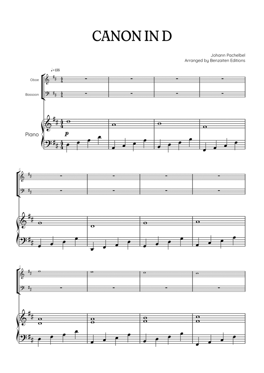 Pachelbel Canon in D • oboe & bassoon duet sheet music w/ piano accompaniment image number null