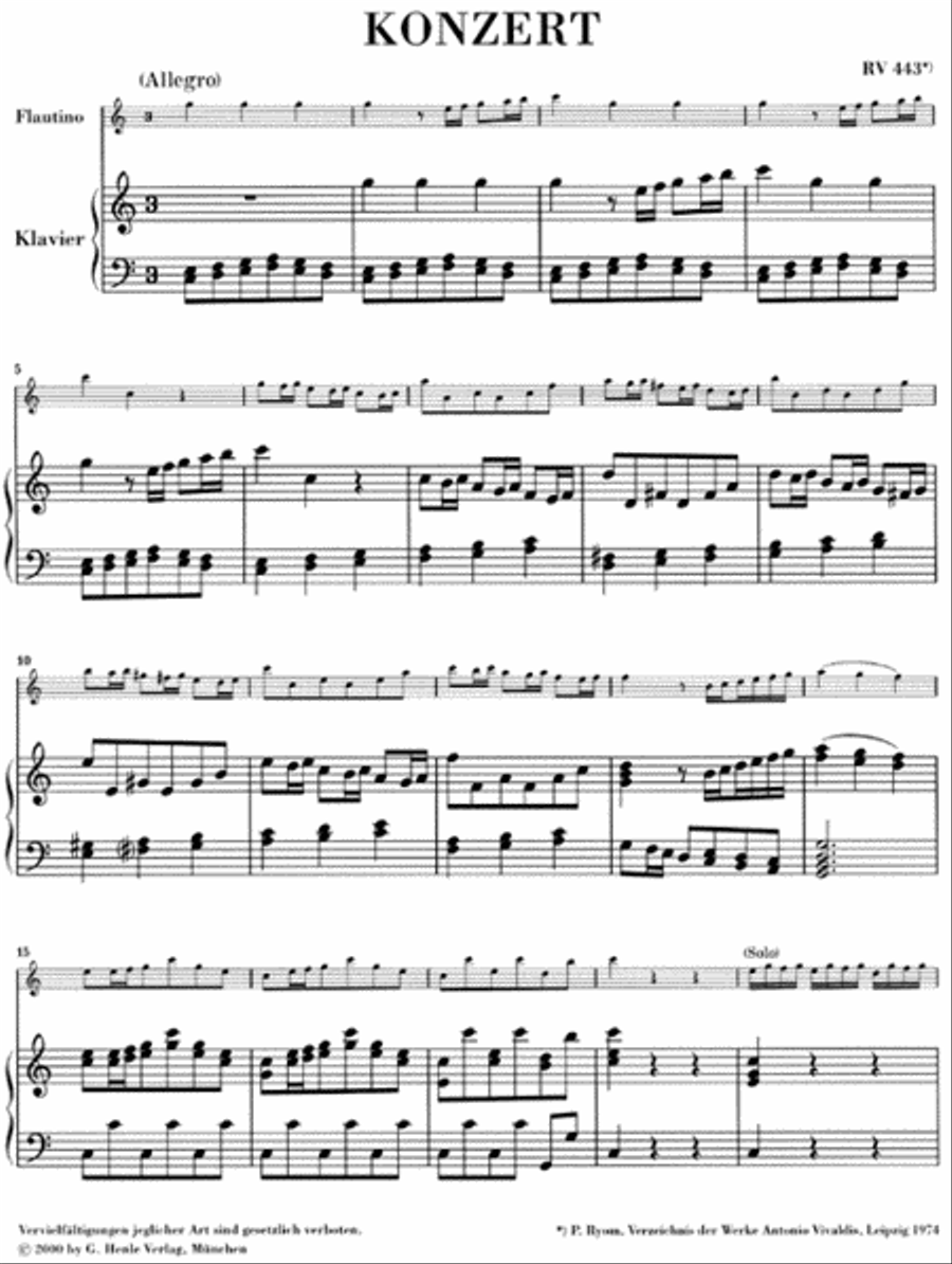 Concerto for Flautino (Recorder/Flute) and Orchestra in C Major, Op. 44, 11 RV 443 Recorder scores gallery preview page 2