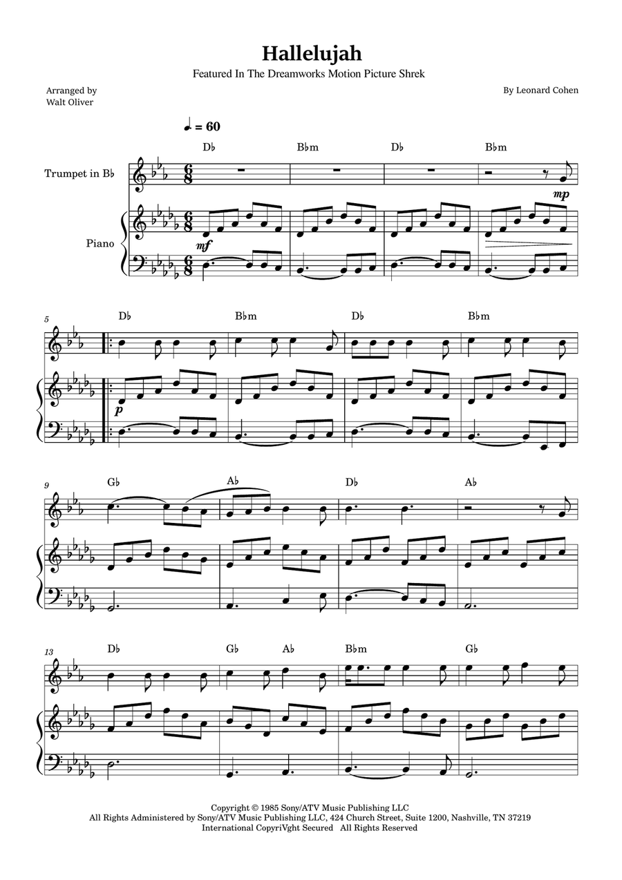 Hallelujah B-Flat Trumpet scores gallery preview page 1