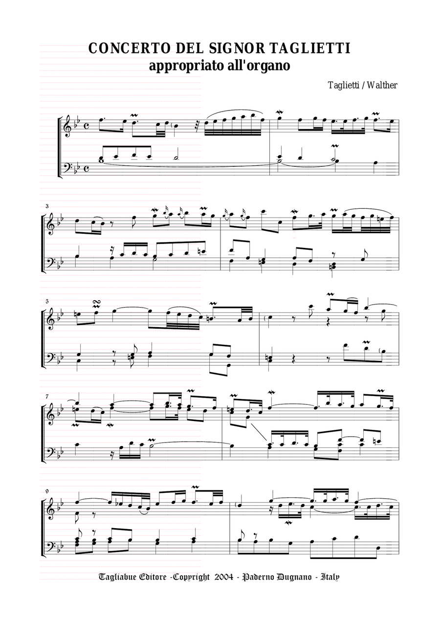 CONCERTO DEL SIGNOR TAGLIETTI appropriato all'Organo (3 staff) - Walther Organ Solo scores gallery preview page 1