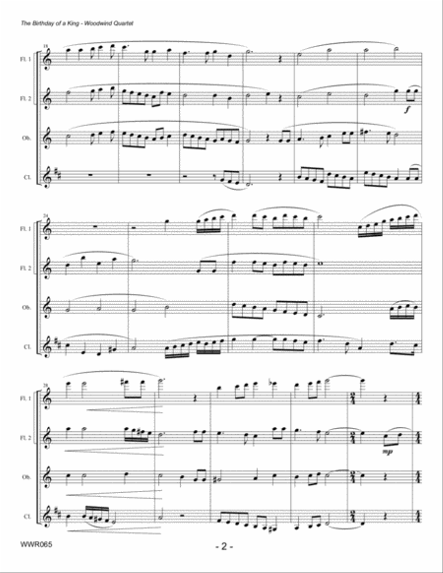 THE BIRTHDAY OF A KING - WOODWIND QUARTET (2 Flutes, Oboe & Clarinet) unaccompanied Woodwind Quartet scores gallery preview page 2
