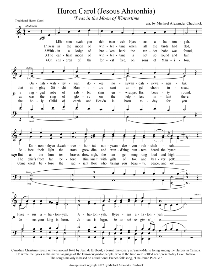 Huron Carol (Jesous Ahatonhia) 4-Part scores gallery preview page 1