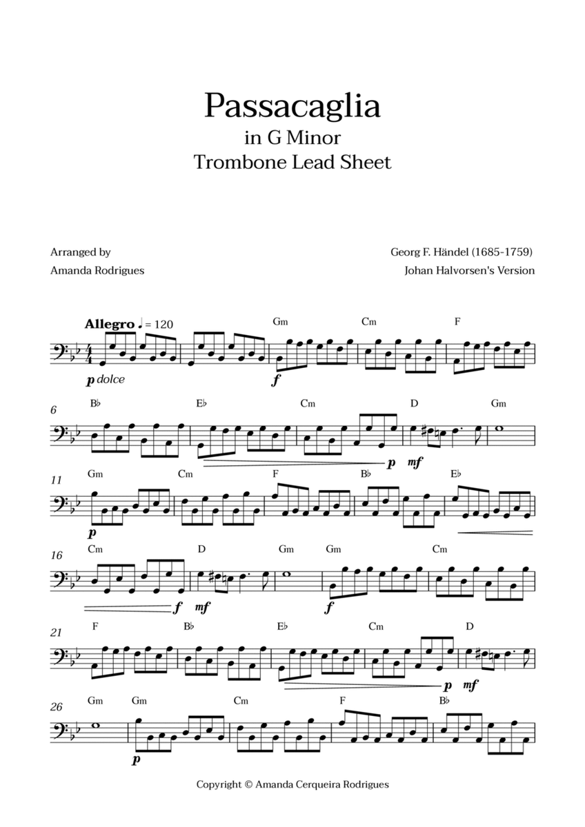 Passacaglia - Easy Trombone Lead Sheet in Gm Minor (Johan Halvorsen's Version) image number null