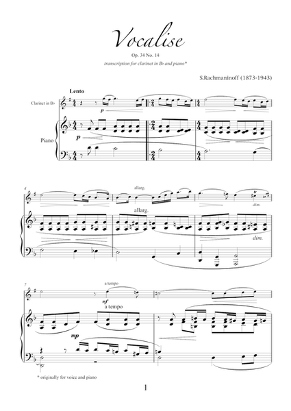 Vocalise Op.34 No.14 by Serjeij Rachmaninoff, transcription for clarinet and piano
