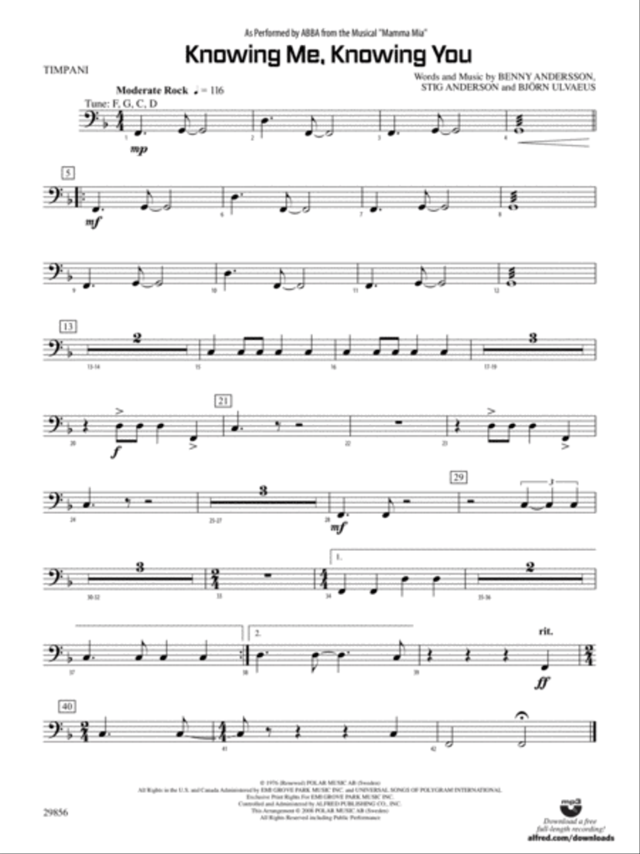 Knowing Me, Knowing You (As performed by ABBA from the musical Mamma Mia): Timpani Concert Band scores gallery preview page 1