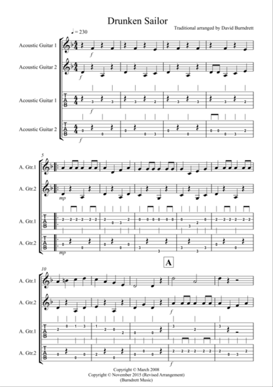 Drunken Sailor for Guitar Duet Guitar Tablature scores gallery preview page 1