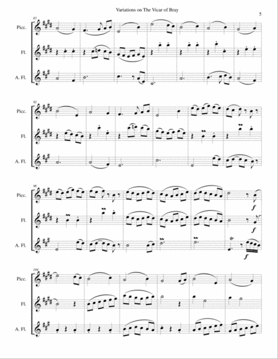 Variations on the Vicar of Bray for flute trio (piccolo, flute and alto flute) Flute Trio scores gallery preview page 5