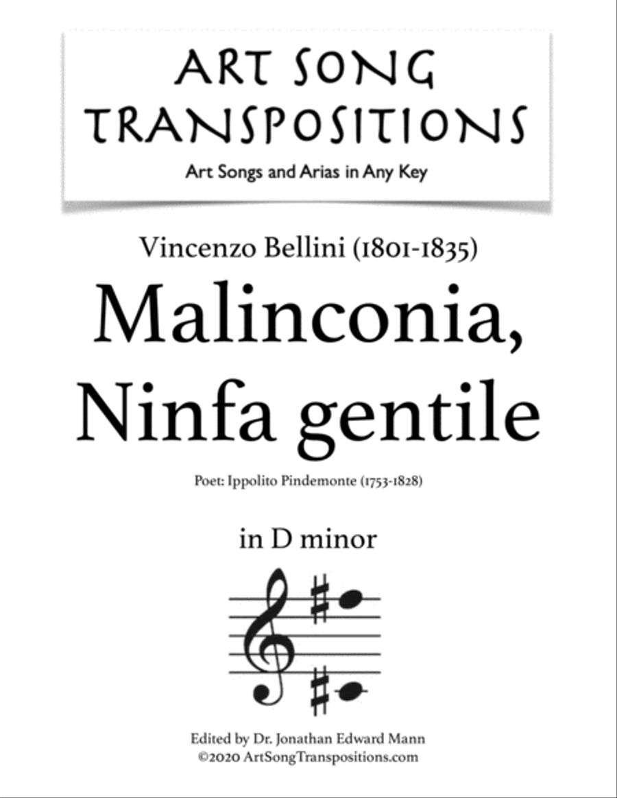 BELLINI: Malinconia, Ninfa gentile (transposed to D minor) Voice scores gallery preview page 1