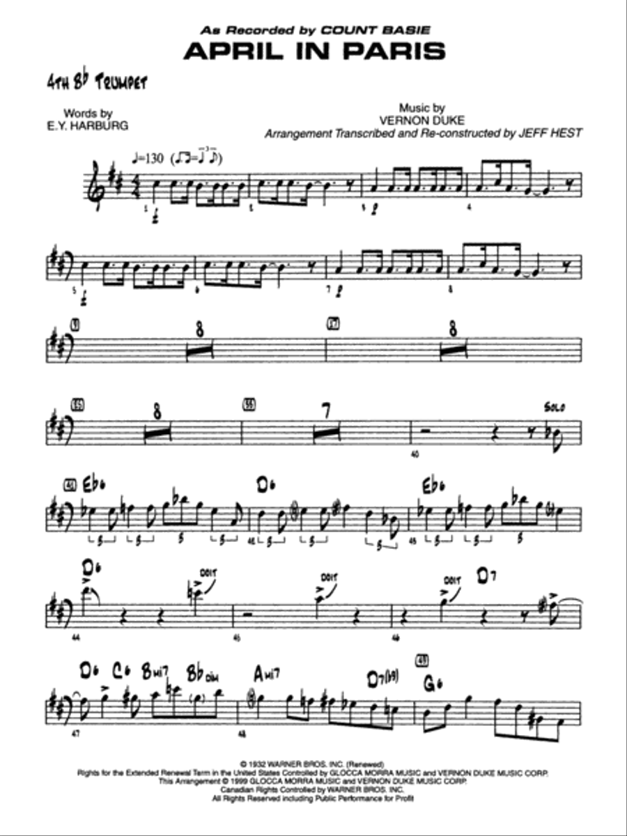 April in Paris: 4th B-flat Trumpet Jazz Ensemble scores gallery preview page 1