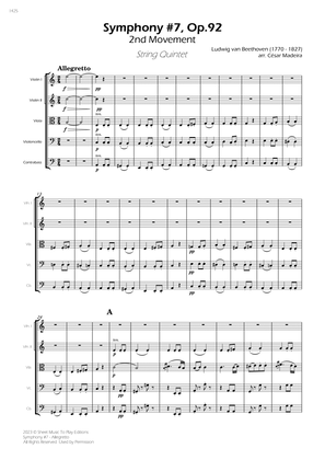 Symphony No.7, Op.92 - Allegretto - String Quintet (Full Score) - Score Only