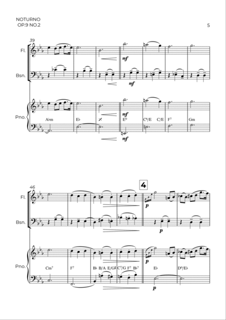 NOTURNO OP.9 NO.2 - CHOPIN - WIND PIANO TRIO (FLUTE, BASSOON & PIANO) Bassoon scores gallery preview page 5