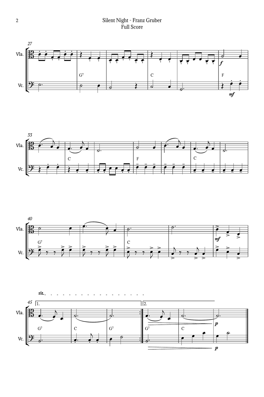 Silent Night for Viola and Cello Duet String Duet scores gallery preview page 2