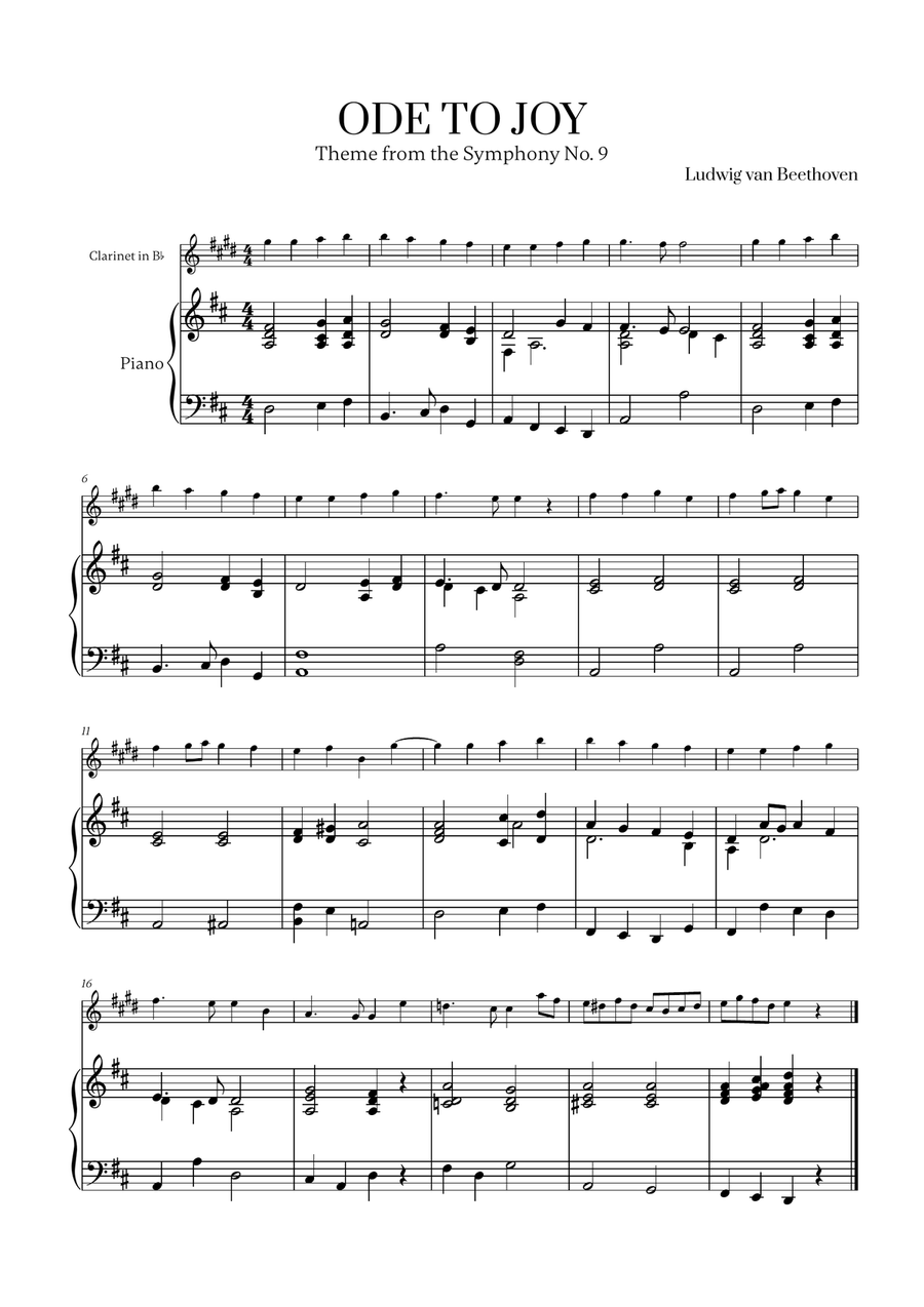 L. v. Beethoven - Ode to Joy (from Symphony No. 9) for Clarinet in Bb and Piano B-Flat Clarinet scores gallery preview page 1