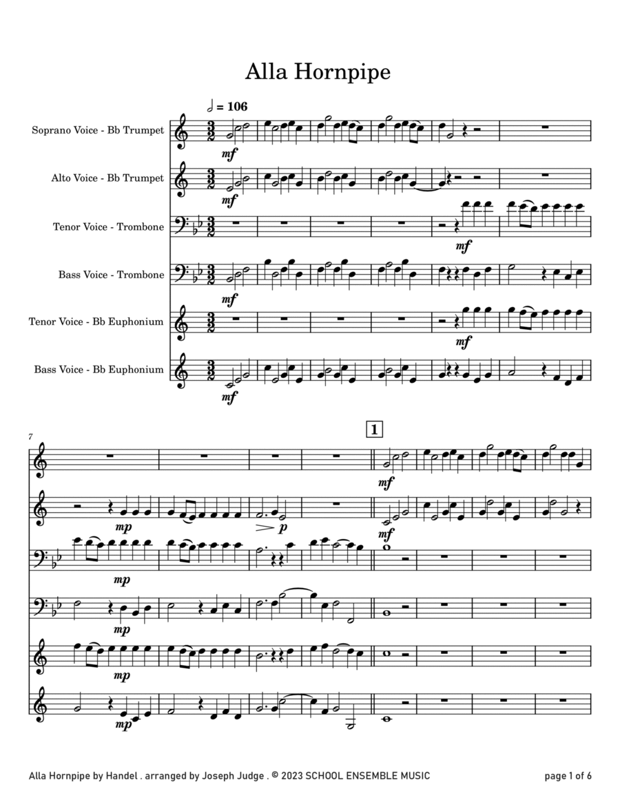 Alla Hornpipe by Handel for Brass Quartet in Schools Brass Quartet scores gallery preview page 1