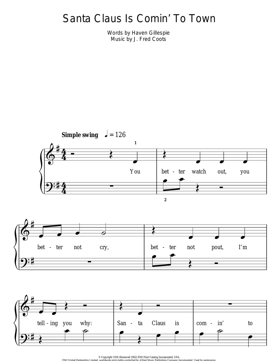 Santa Claus Is Comin' To Town Easy Piano scores gallery preview page 1