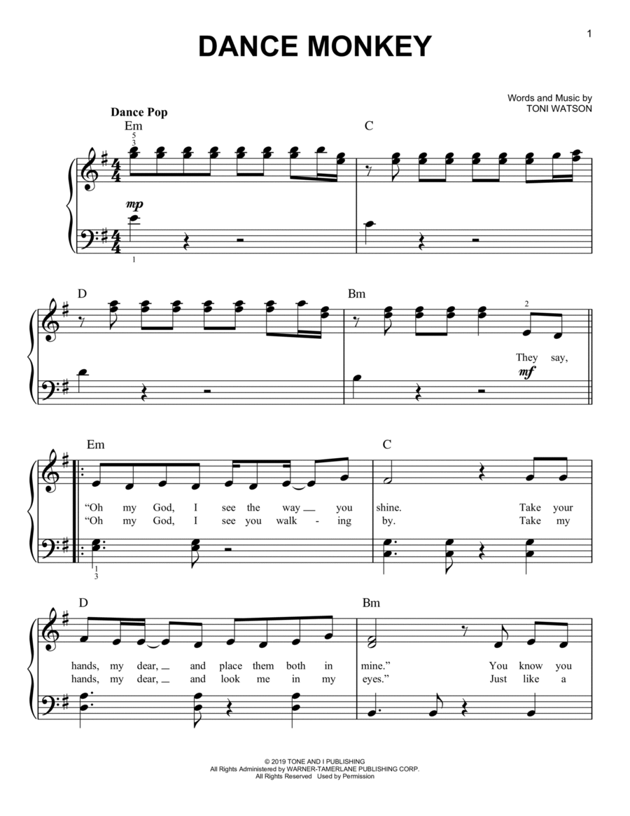 Dance Monkey Easy Piano scores gallery preview page 1