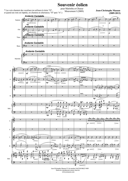 Souvenir éolien --- for Marimba and chorus --- Full score and parts --- JCM 2009-2013