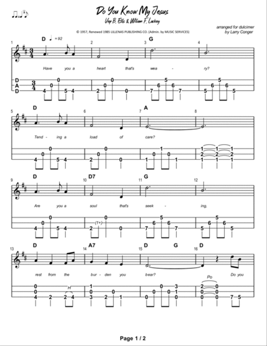 Do You Know My Jesus? Dulcimer scores gallery preview page 2