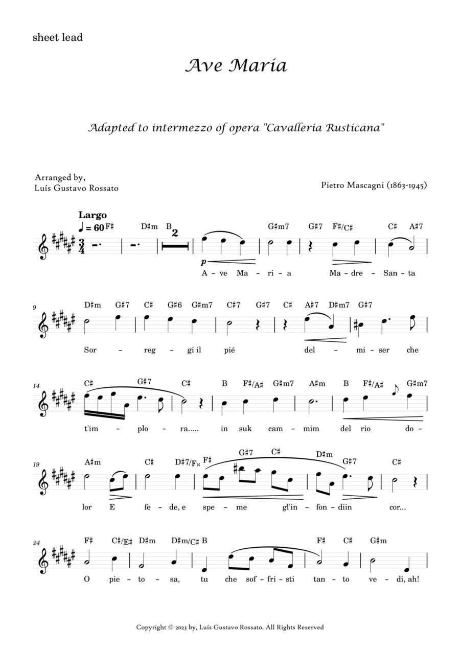 Mascagni - Ave Maria (F# Major) Piano Solo scores gallery preview page 1