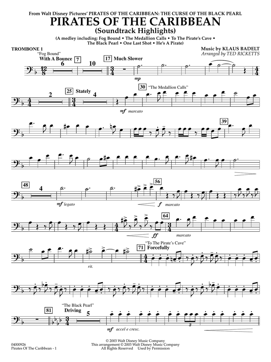 Pirates of the Caribbean (Soundtrack Highlights) (arr. Ted Ricketts) - Trombone 1 Concert Band scores gallery preview page 1