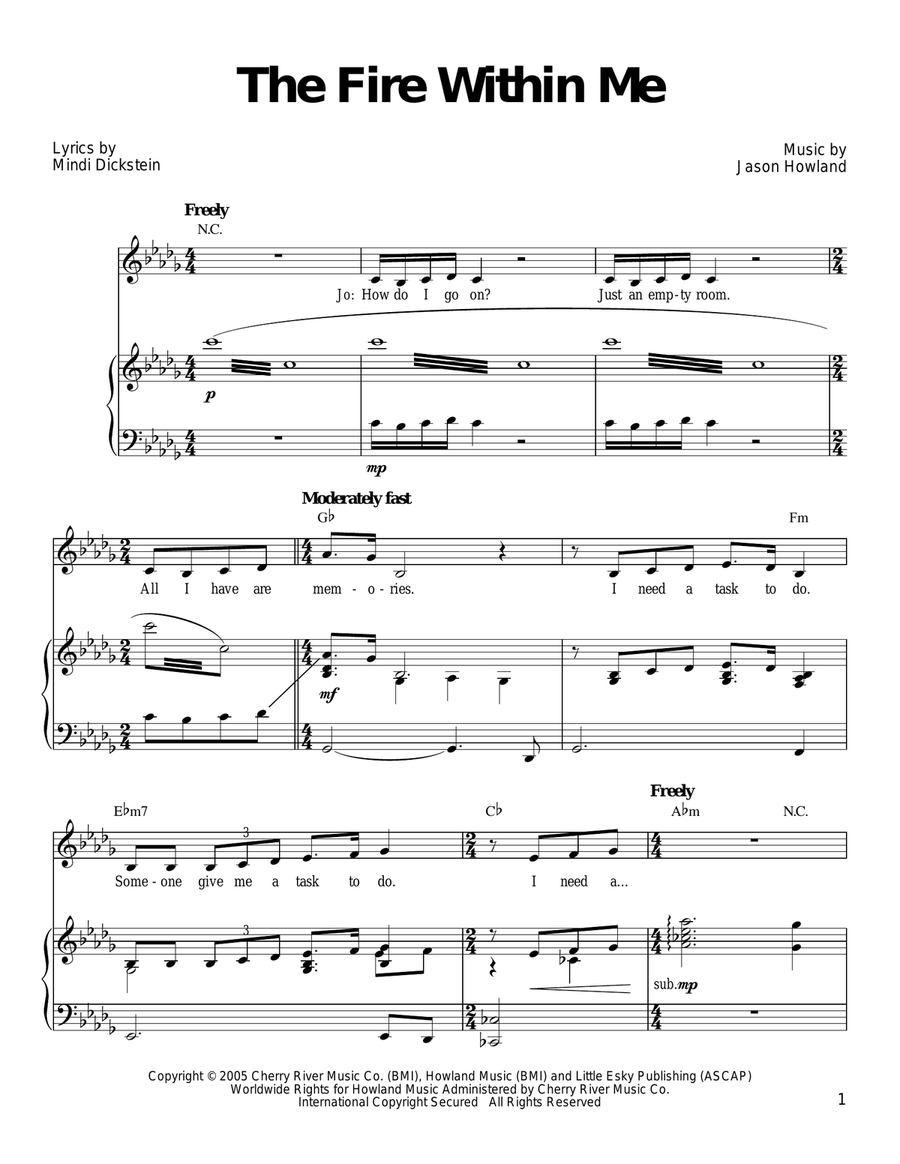 The Fire Within Me Piano, Vocal, Guitar scores gallery preview page 1