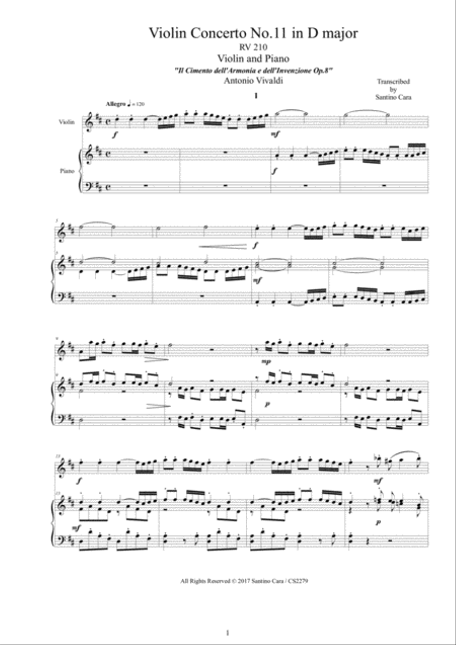 Vivaldi - Violin Concerto No.11 in D major RV 210 Op.8 for Violin and Piano Violin Solo scores gallery preview page 1