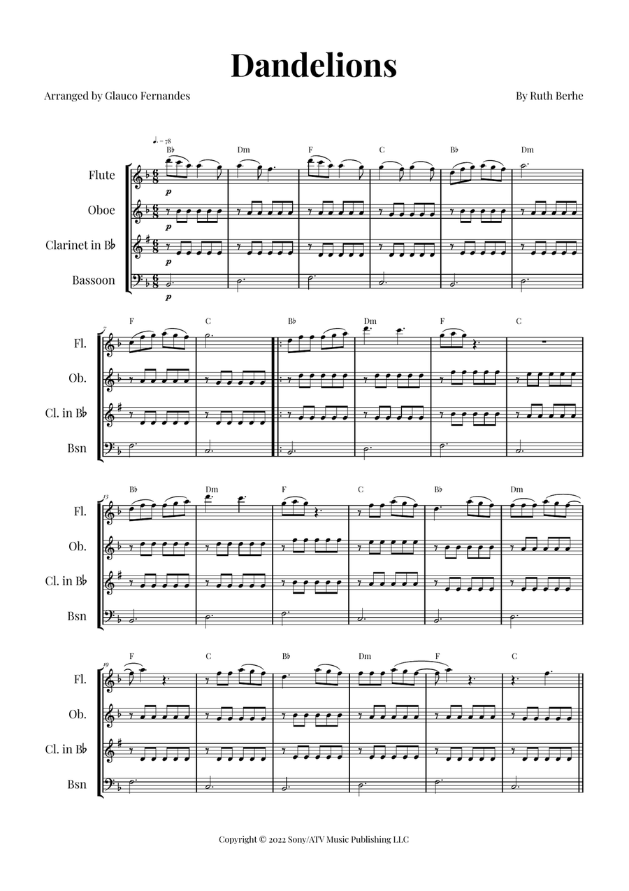 Dandelions Woodwind Quartet scores gallery preview page 1