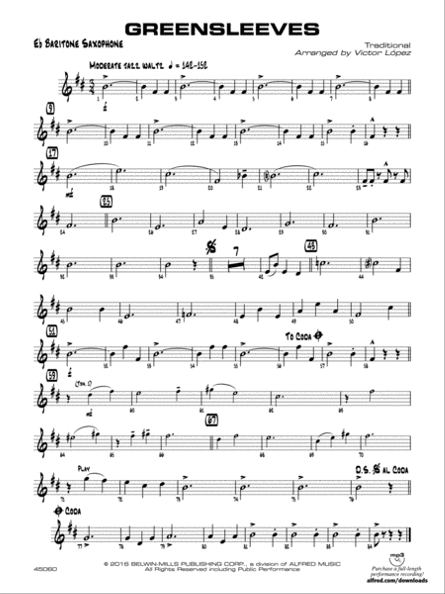 Greensleeves: E-flat Baritone Saxophone Jazz Ensemble scores gallery preview page 1