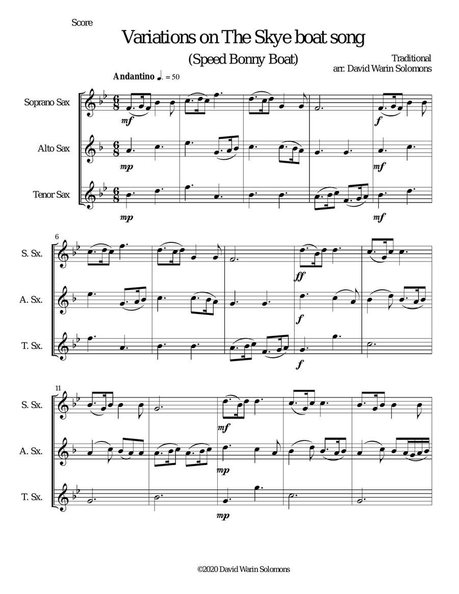 Variations on The Skye Boat Song (Speed bonnie boat) for saxophone trio Woodwind Trio scores gallery preview page 1