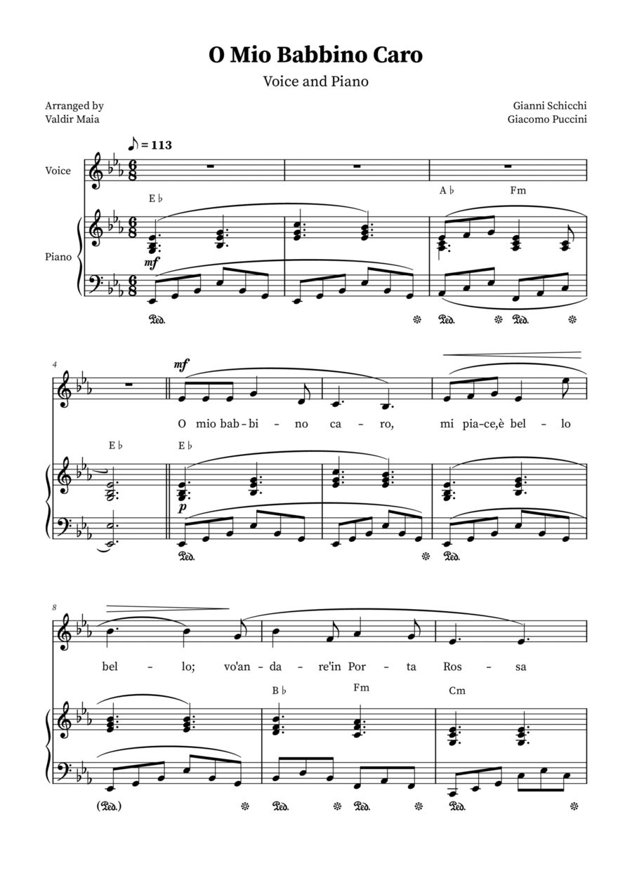 O Mio Babbino Caro - Female Voice in E-flat Major (with chords) Voice scores gallery preview page 1