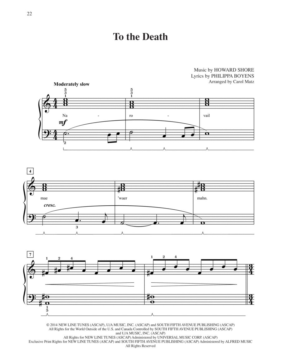 To The Death (from The Hobbit: The Battle of the Five Armies) (arr. Carol Matz) Easy Piano scores gallery preview page 1
