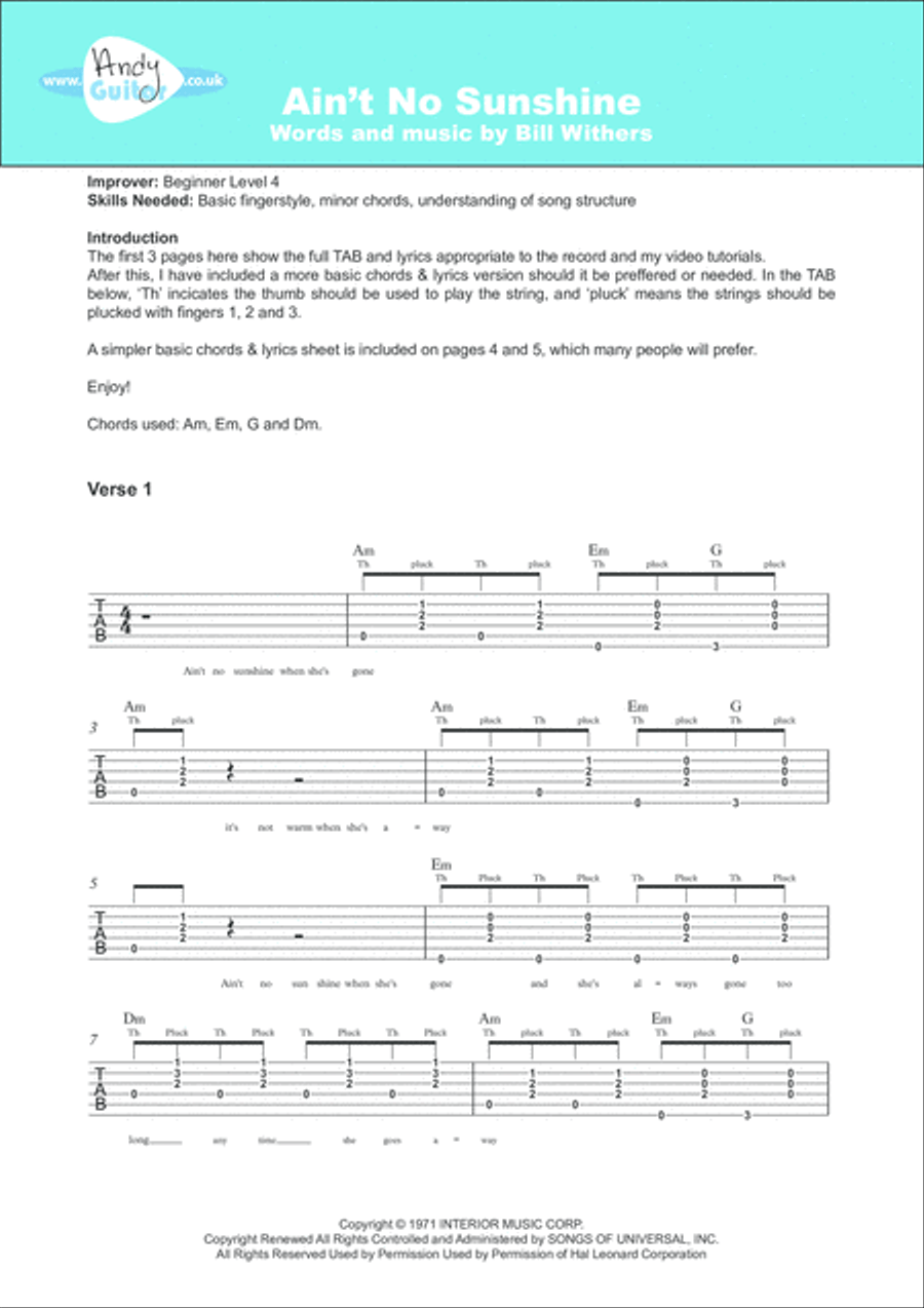 Ain't No Sunshine Guitar scores gallery preview page 1