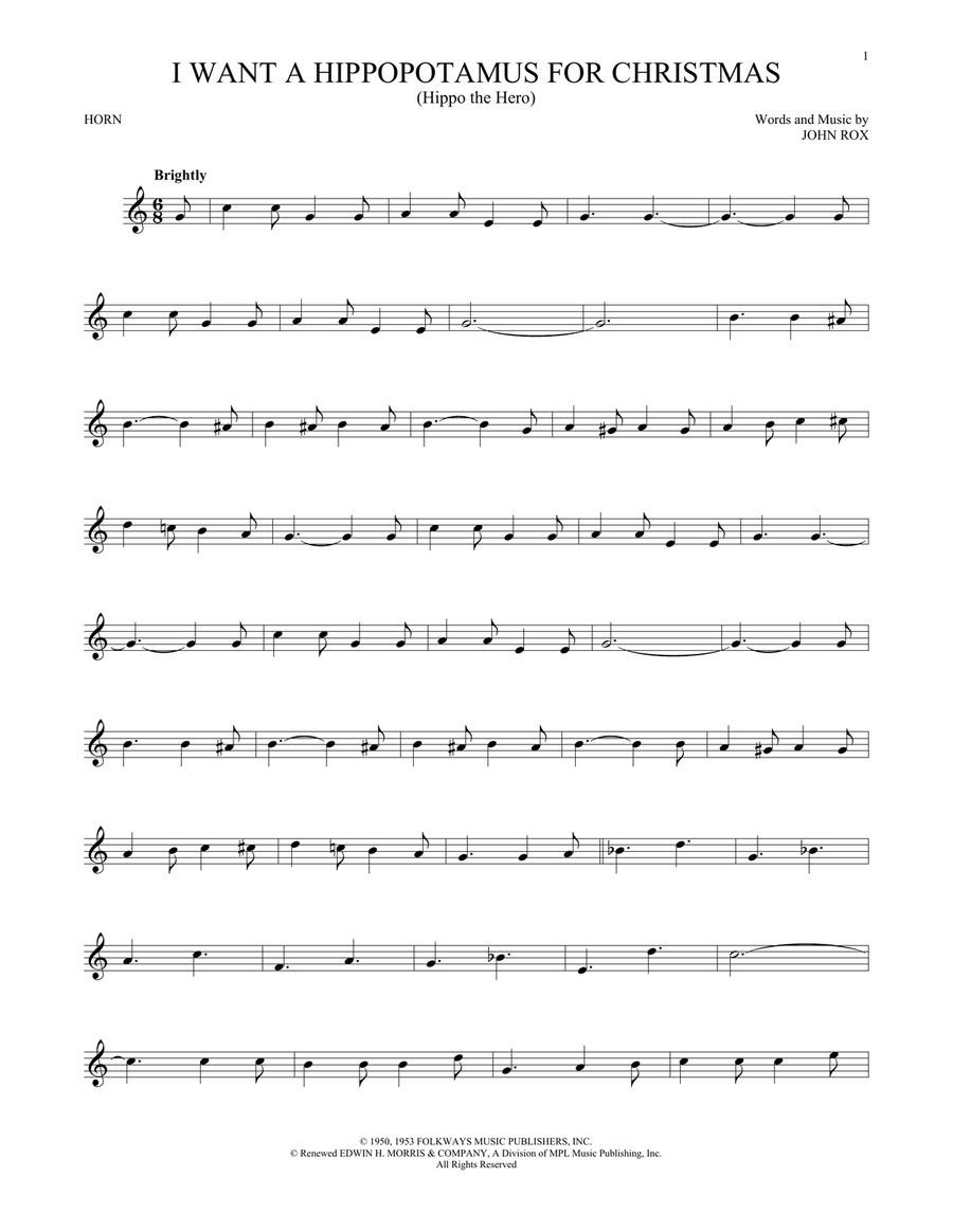I Want A Hippopotamus For Christmas (Hippo The Hero) Horn Solo scores gallery preview page 1