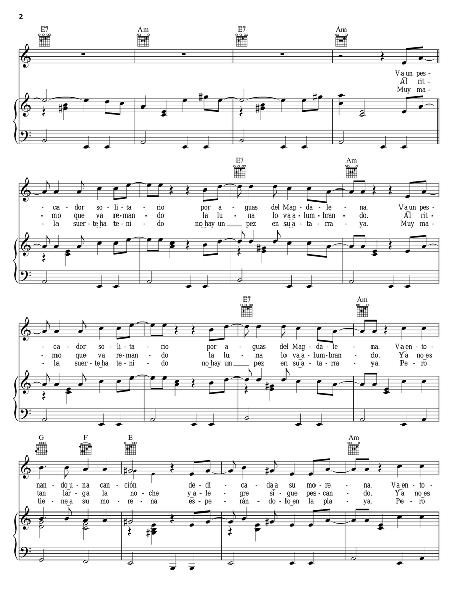 La Luna Y El Pescador Piano, Vocal, Guitar scores gallery preview page 2