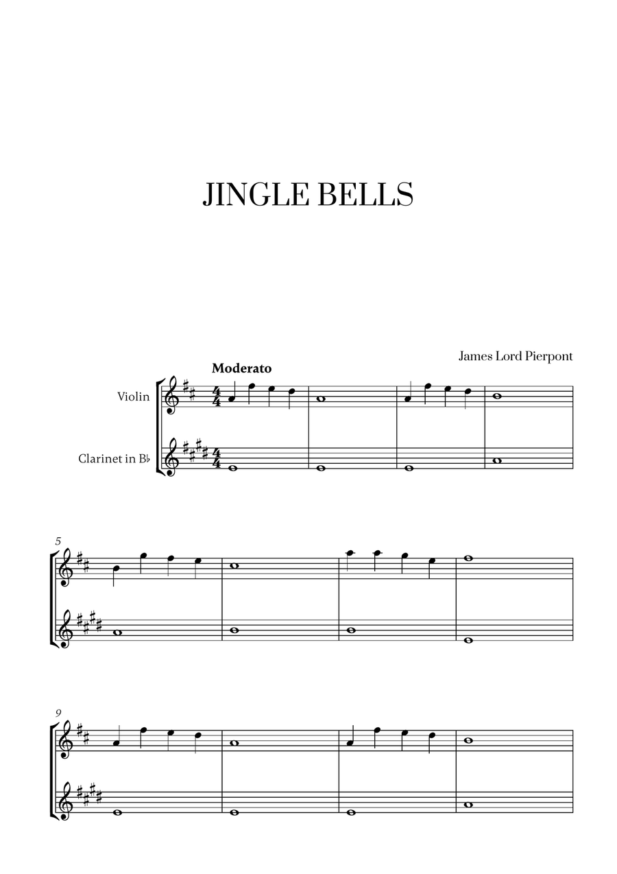 Jingle Bells (for Violin and Clarinet) B-Flat Clarinet scores gallery preview page 1