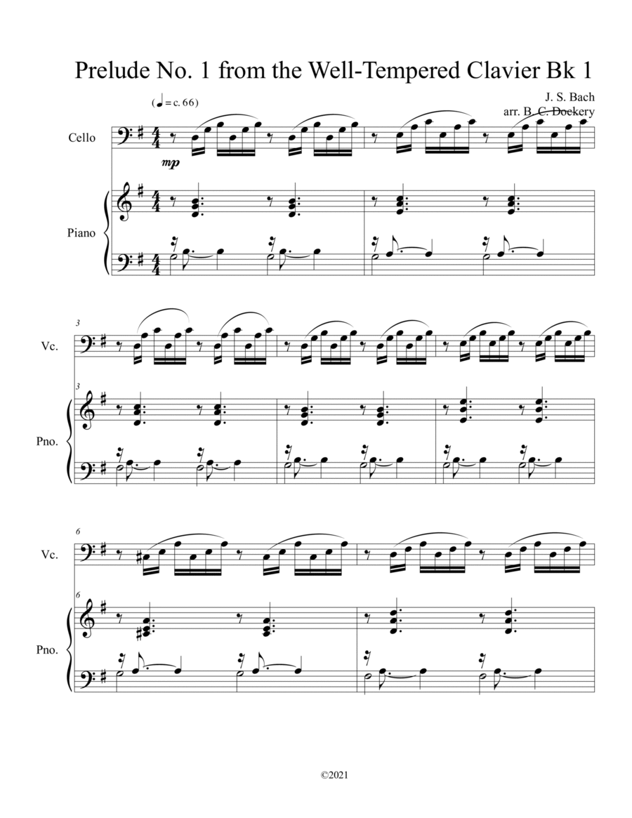 Prelude No.1 from The Well-Tempered Clavier Book 1 BWV 846 (Cello Solo) with piano accompaniment Piano scores gallery preview page 1