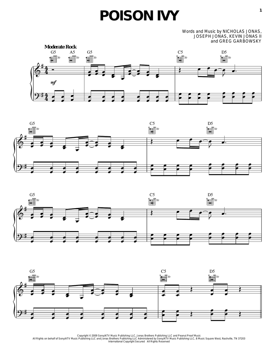 Poison Ivy Piano, Vocal, Guitar scores gallery preview page 1