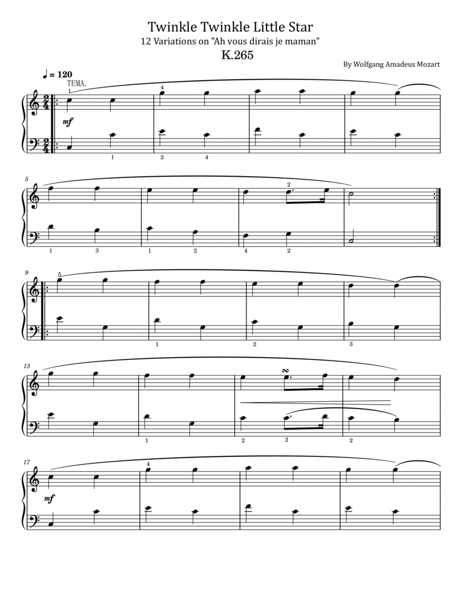 Mozart - KV 265 Twinkle Twinkle Little Star - 12 Variations K.265 Original With Fingered image number null