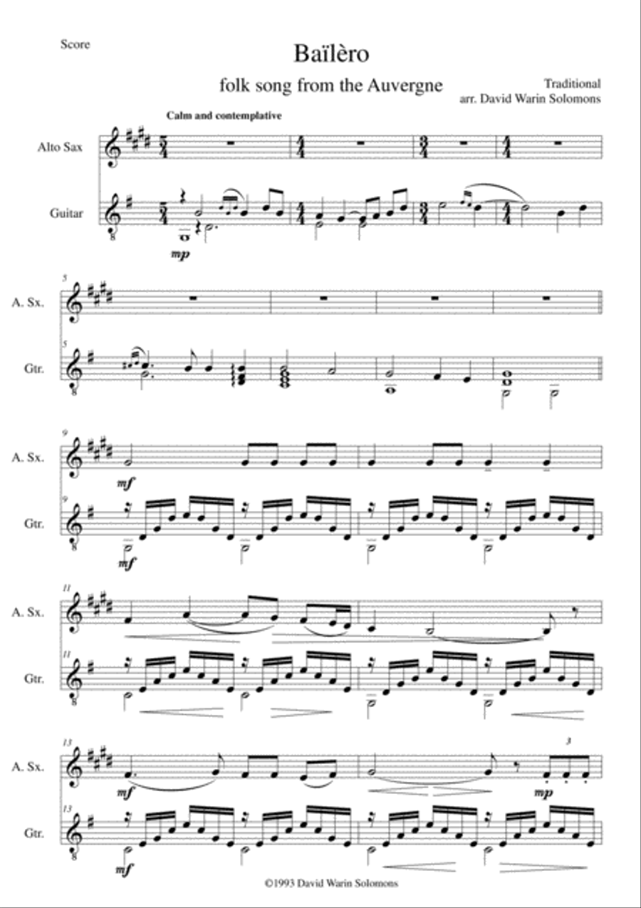 3 songs of the Auvergne for alto saxophone & guitar Alto Saxophone scores gallery preview page 1