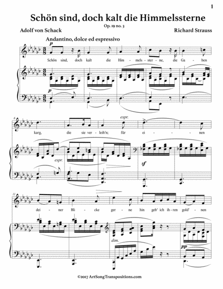 STRAUSS: Schön sind, doch kalt die Himmelssterne, Op. 19 no. 3 (transposed to G-flat major)