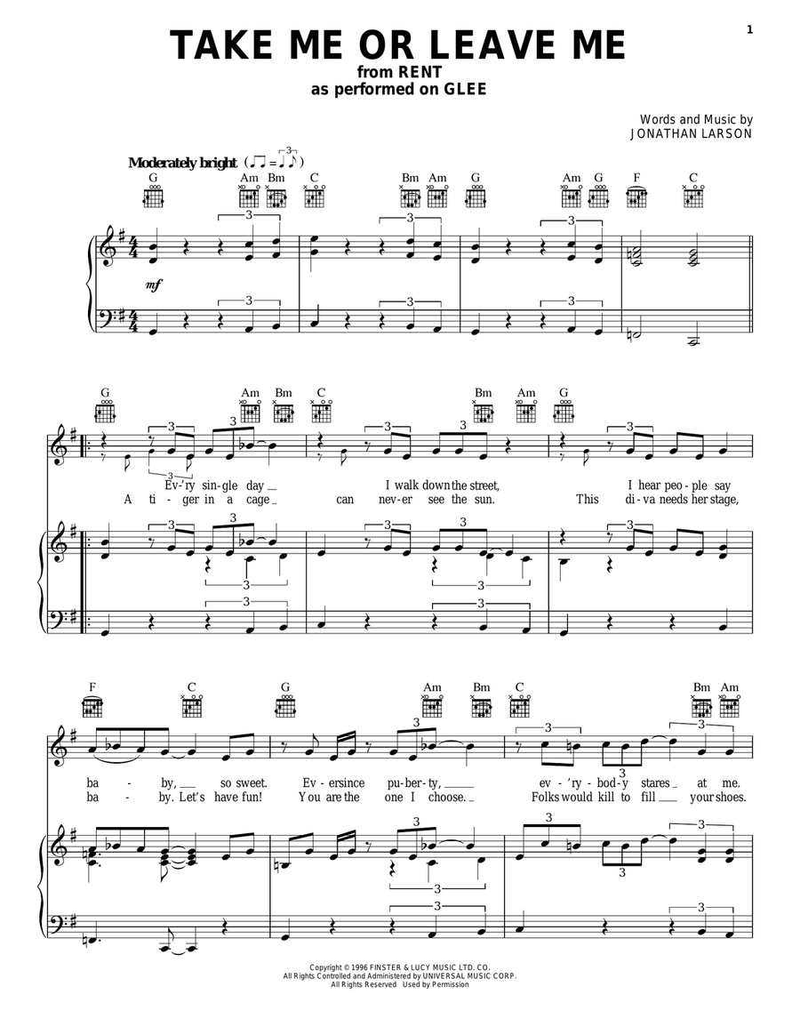 Take Me Or Leave Me Piano, Vocal, Guitar scores gallery preview page 1