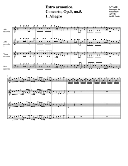 Estro armonico, Concerto, Op.3, no.5 (Arrangement for 4 recorders (AATB))