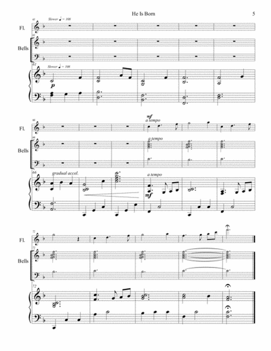 He Is Born - a Christmas carol for beginning handbells, early intermediate flute, and piano image number null