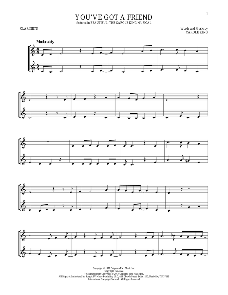 You've Got A Friend (from Beautiful: The Carole King Musical) Clarinet Duet scores gallery preview page 1