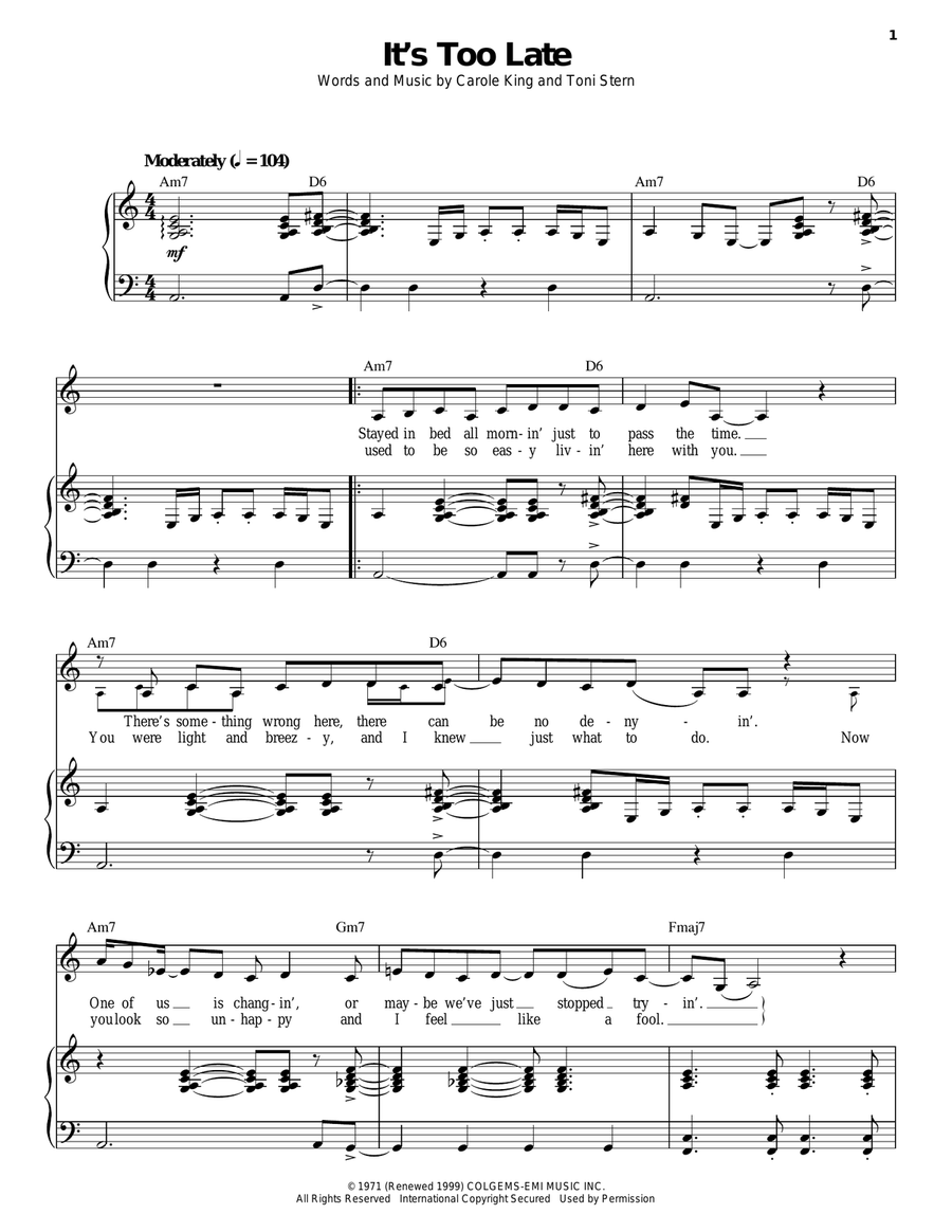It's Too Late Piano, Vocal scores gallery preview page 1